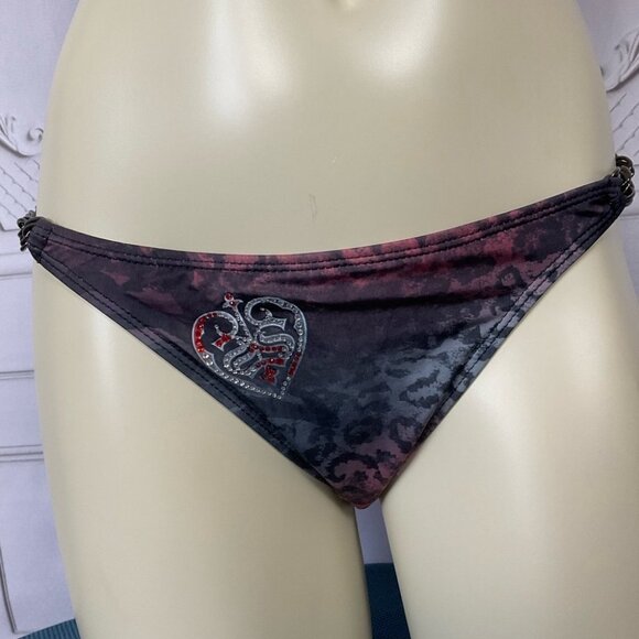 Sinful By Affliction Cedar Chain Bikini Bottom Red & Grey Wings Rhinestones Lg - Picture 4 of 5